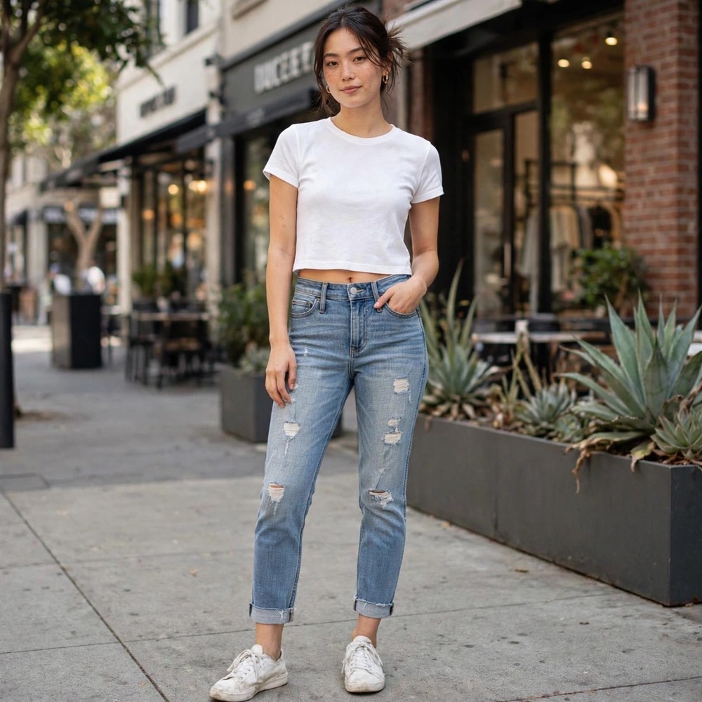 Hollister Boyfriend High Rise Ripped Jeans Blue Distressed Women's Size 00